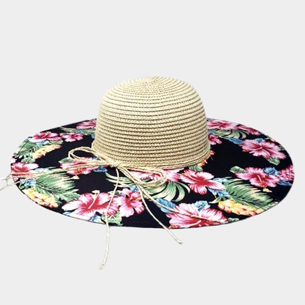 Beige Tropical Flower Floppy Straw Sun Hat Brim Womens Beach Vacation Accessory